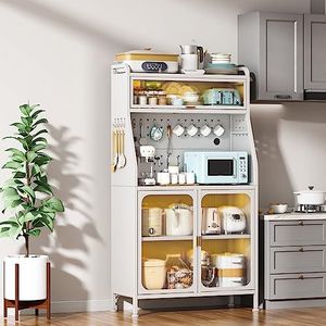 Koffiekast met 5 niveaus, met kopjesplank, dressoir, buffetkast, sterke drankkast, bar voor keuken, eetkamer, wit (maat: 66 cm)