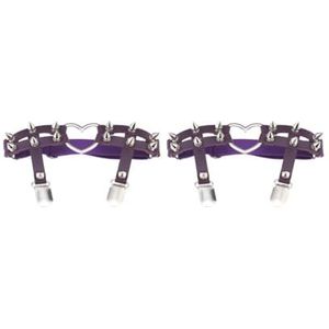 2 Set van 1x Vrouwen Lederen Dubbele Riem Hart Kousenband Elastische Klinknagel Stud Been Jarretelgordel, Paars