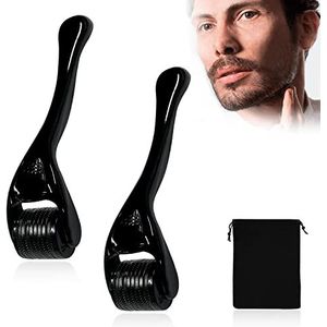 2-delige schoonheidsroller micro-naald met 1-delige trekkoord zak, gezichtsroller baard groeisaaldrol voor gezichtsverzorging, baardverzorging, anti-veroudering, anti-rimpel lederen roller