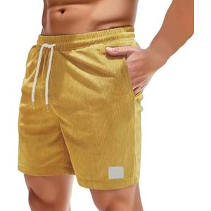 Heren Zomer Corduroy Zomer Shorts Katoenen Corduroy Bermuda Shorts Korte Broek Elastische Taille Heren Shorts Casual Sportbroeken ， S-XXL(Yellow,S)