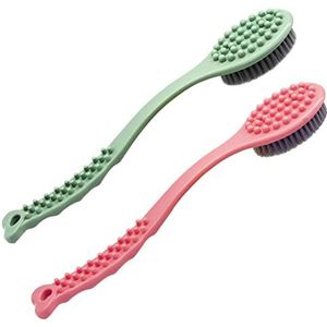 Handheld Douche Borstel Lange Handvat Bad Borstel-Zachte & Comfortabele Droge Huid Body Massage Borstel Terug Exfoliatie Borstels - 14 inch (Groen en roze)