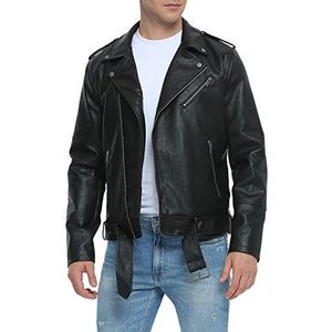 Fahsyee Leren jassen voor mannen, faux bomberjack heren motorfiets revers asymmetrische ritssluiting Blet slim fit bikerjas, Zwart, S
