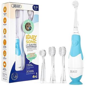 Seago Baby Elektrische Tandenborstel 0-2-3 Jaar met Lichten, 2-Minuten Timer, Anti-slip Siliconen Handvat, 4 Vervangbare Borstels, Leuk Pinguïn Design, IPX7 Waterdicht, Blauw