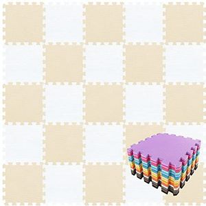 Speelmat, zacht, EVA-schuim, voor baby's, voor op de vloer, puzzelstukken, stapelbaar, compact, 25 tegels (30 x 30 x 1 cm), wit en beige, QQC-AJb25N