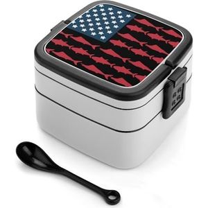 Amerikaanse Vlag Vissen Bento Lunch Box Dubbellaags Alles-in-een Stapelbare Lunch Container Inclusief Lepel met Handvat