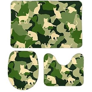 Groene camouflage katten badkamer tapijten set 3 stuks antislip badmatten wasbare douchematten vloermat sets 50 cm x 80 cm