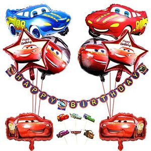 Raceauto Verjaardag Versieringen voor jongens met voertuig thema Gelukkige verjaardag banner Cupcake Toppers Rood Blauwe autofolieballonnen voor kinderen Autoventilator 1e 2e 3e 4e 5e verjaardag