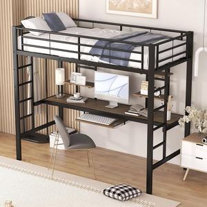 Aunvla Bedframe, metalen bed, ijzeren bed, hoogslaper met bureau en twee boekenplanken voor kinderen, jongeren en volwassenen, 90 x 200 cm, zwart