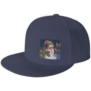 Kerst Karton Sneeuwman Platte Bill Visor Klassieke Snapback Hoed Lege Verstelbare Rand Hoge Top Baseball Cap, Donkerblauw, Eén Maat