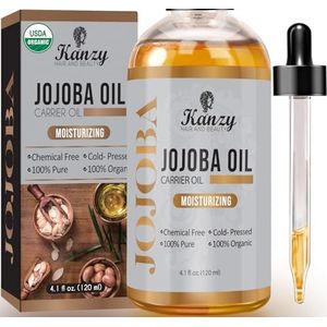 Kanzy Biologische Koudgeperste Jojoba Olie 120ml – 100% Puur voor Haar, Nagels, Wimpers & Wenkbrauwen – Vegan & Dierproefvrij voor Huid, Gezicht & Lichaam als Drager- en Massageolie