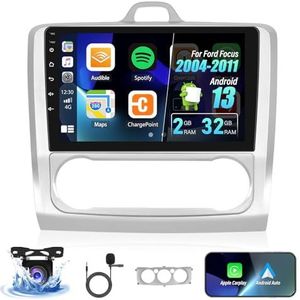 Android 13 Dual Din autoradio voor Ford Focus 2004-2011 met Carplay Android Auto, 9 inch HD touchscreen radiospeler met Bluetooth WiFi GPS FM EQ Mirror Link, split screen + achteruitkijkcamera