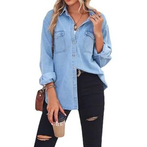 Blouse Voor Dames, Dames Denim Overhemd Blouse Met Lange Mouwen Mode Dun Lichtblauw Wassen Faded V-Hals Shirts Tops Casual Losse Button Down Blouses Plus Size Boyfriend Jean Coat,M