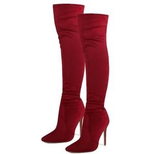 aixizi Dames overknee laarzen, rechte lange laarzen puntige teen stiletto suède pull on elastische grote maat dameslaarzen mollig fluweel warm en comfortabel slanke laarzen, Rood, 39 EU
