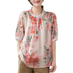 Dames Casual Bloemenprint Chiffon Tops Retro Etnische Stijl Chinese Shirts Zomer Koel Comfort Losse Flowy Blouse(Color:Pink,Size:XL)