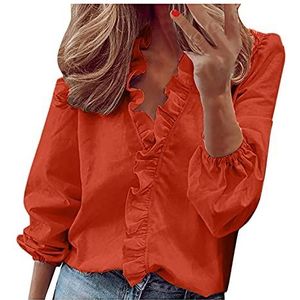 Dames lange mouw ruches shirts zomer casual slim fit volant v-hals blouses effen ruches kraag tops plus size verkoop, mode dames tops UK, Oranje, 4XL