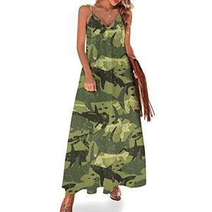 Camouflage haaienpatroon vrouwen sling maxi jurken V-hals casual mouwloze verstelbare riem sexy lange jurk