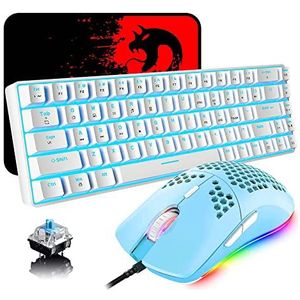 Toetsenbord en Muis Set Gaming QWERTY, 68 Toetsen Blauwe Schakelaar Ijsblauwe Backlit Mechanisch Keyboard, 6400DPI Honingraat Lichtgewicht Mouse Groene, USB Bedraad, Compatibel met Windows Mac PS4
