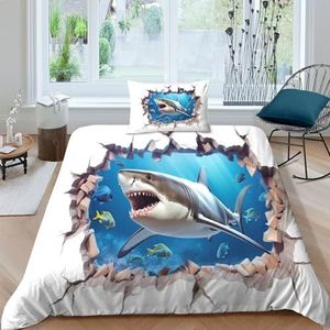 BUKISA Shark 2-delige dekbedovertrekset, 3D-bloemenprint, beddengoed, marine leven, ultrazachte, hypoallergene hoes met kussenslopen voor jongens en meisjes, eenpersoons (135 x 200 cm)