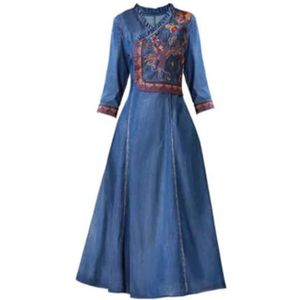 Vintage Vrouwen Lange Halve Kuit Halve Mouw Herfst Denim Chinese Stijl Borduurwerk Jurk, Blauw, XL