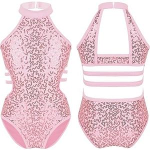 NUOYIXUAN Balletpak voor meisjes, glinsterende pailletten, mouwloos, met dunne bandjes en tailleriemen (roze, 14)