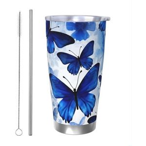 KHiry 20 oz beker met deksel 50 ml roestvrijstalen beker blauwe vlinders geïsoleerde bekers reismok vacuüm beker voor reizen herbruikbare auto beker koffie mok voor werk drinken beker