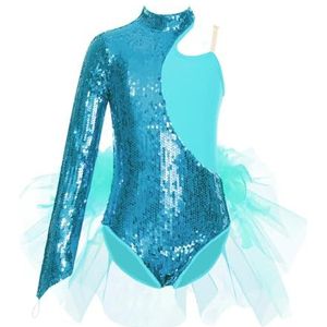 Gymnastiekpak voor kinderen, glinsterende pailletten, tule rok, tutu, balletshirt, kinderen, asymmetrische mouwen, gymnastiekpak, danspak, rollerpak voor meisjes van 6 tot 16 jaar (blauw, groen, 16)