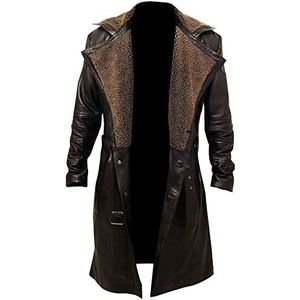 Aksah Fashion Heren Blade Runner 2049 Ryan Gosling Officer K bruine trenchcoat met bontkraag leer, Bruin, XL