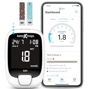 KETO - MOJO GKI Bluetooth - glucose - en ketonentestkit (mmol/l) + gratis APP voor ketose - en diabetesmanagement. 20 bloedteststrips (10 stuks), meter, 20 lancetten, prik pen en controlevloeistoffen