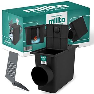 Millto™ Regengootbak met zeef, 110 mm, regenwaterafvoer, dakgoot, afvoer, afvoer, Gully sifon, rechthoekige controleschacht, terugslagsluiting, geurklep