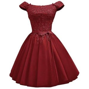 YIANN Off-shoulder satijnen thuiskomst jurken voor tieners met kanten applicatie mouwloze A-lijn baljurk korte galajurk, Bordeaux, 32