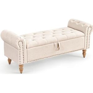 Furniliving 51 inch opbergbank, einde van de bedbank met knoopgetufte grote gestoffeerde opslag Ottomaanse linnen vensterbank met opbergschoenenkast bank, voor slaapkamer, entree, kast, beige