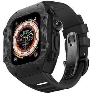 INSTR Koolstofvezel behuizing met fluor rubberen horlogeband voor Apple Watch Ultra2 Ultra, heren Mod Kit Cover Strap voor IWatch9 8 7 6 5 4 SE vervangende accessoires (Color : Black, Size : 45mm44m