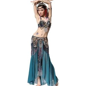 FZHQNZJF Dames Buik Dansjurk Carnaval Buik Danser Outfit met Strass Festival Dansen Prestatie Kleding Ademend Latijnse Partij Concurrentie Kostuums,Blauw,L