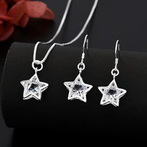 Hot Sterling Silver pretty Crystal Star earring necklace for Women fashion Party Wedding Jewelry Couple gift-45cm