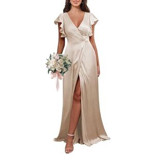 KURFACE Satijnen bruidsmeisjesjurken met V-hals, V-hals, V-hals, met mouwen, A-lijn, V-hals, formele avondjurk, Champagne, 32