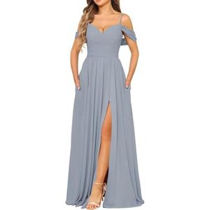 Chiffon bruidsmeisjesjurk voor dames met split avondjurken baljurk cocktailjurk grote maten, Dusty Blauw, 32