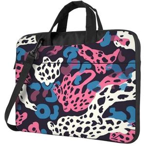 GFLFMXZW Blauw Roze En Panter Print Laptop Tas Shockproof Laptop Schoudertas Draagbare Messenger Bag W/Handvat Aktetas, Zwart, 13 inch