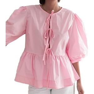 Vrouwen Tie Front Tops Puff Sleeve Babydoll Shirts Y2K Leuke Ruffle Peplum Uitgaan Top Blouse Trendy Kleding (Color : Pink B, Size : Medium)