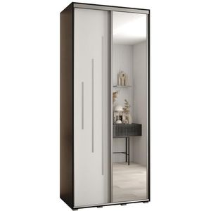 MEBLE KRYSPOL Davos 13 110 Kledingkast met twee schuifdeuren voor slaapkamer - Moderne Kledingkast met spiegel, kledingroede en planken - 235,2x110x60 cm - Zwart Wit Zilver