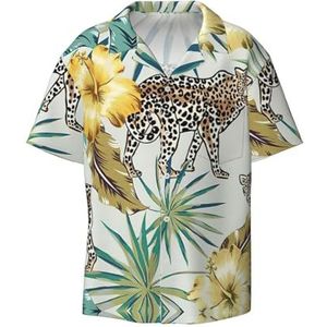 OdDdot Luipaard en Palmbladeren Print Heren Button Down Shirt Korte Mouw Casual Shirt voor Mannen Zomer Business Casual Jurk Shirt, Zwart, S