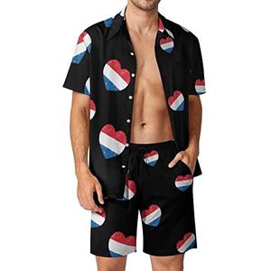 Nederland Holland Hart Retro Vlag Mannen Hawaiiaanse Bijpassende Set 2-delige Outfits Button Down Shirts En Shorts Voor Strand Vakantie