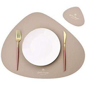 Set van 4 placemats en onderzetters, driehoekig, ovaal, leer, afwasbaar, waterdicht, oliebestendig, antislip, hittebestendig (beige, set van 4)