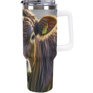 RTFGHJS 40 oz Tumbler Koe in Bruine Geïsoleerde Beker, Reiskoffiemok met Rietjesdeksel, Roestvrij Staal Waterfles Vacuüm Geïsoleerde Tumbler voor Sport Werk Auto Reizen Weekends