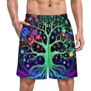 Neon Life of Tree Grappige pyjama shorts voor mannen pyjamabroek heren nachtkleding met zakken zacht