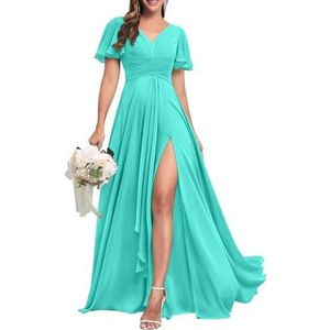 Chiffon bruidsmeisjesjurken voor dames, met split, baljurken, cocktailjurken, grote maten, Turkoois, 36