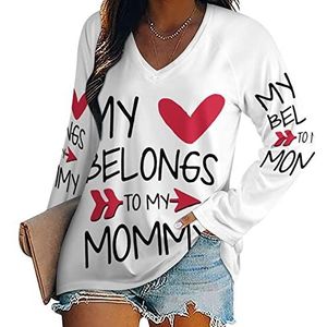 I Love Mom Heart Nieuwigheid Damesblouse, tops, V-hals, tuniek, T-shirt voor legging, lange mouwen, casual trui