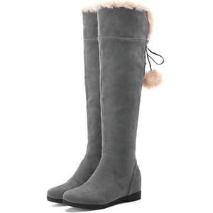 Dameswinterlaarzen Over De Knie Met Bontbal, Retro Suède Laarzen Met Lange Schacht, Pluche Gevoerde Snowboots, Warme Katoenen Buitenschoenen, Antislip Rubberen Laarzen (Color : Gray, Size : 41 EU)