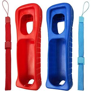 2 x Siliconen Skin Case Cover Shell met Polsband voor Nintendo Wii Afstandsbediening (Rood+Blauw)