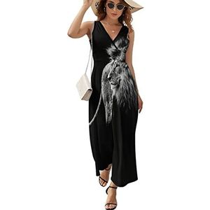 Leeuw in zwart-wit dames lange jurk mouwloze maxi-jurk zonnejurk strand feestjurken avondjurken 2XL