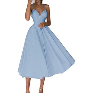 Dames spaghetti jurk diepe v-hals mouwloze slanke taille zomer casual swing sundress-blauw_M